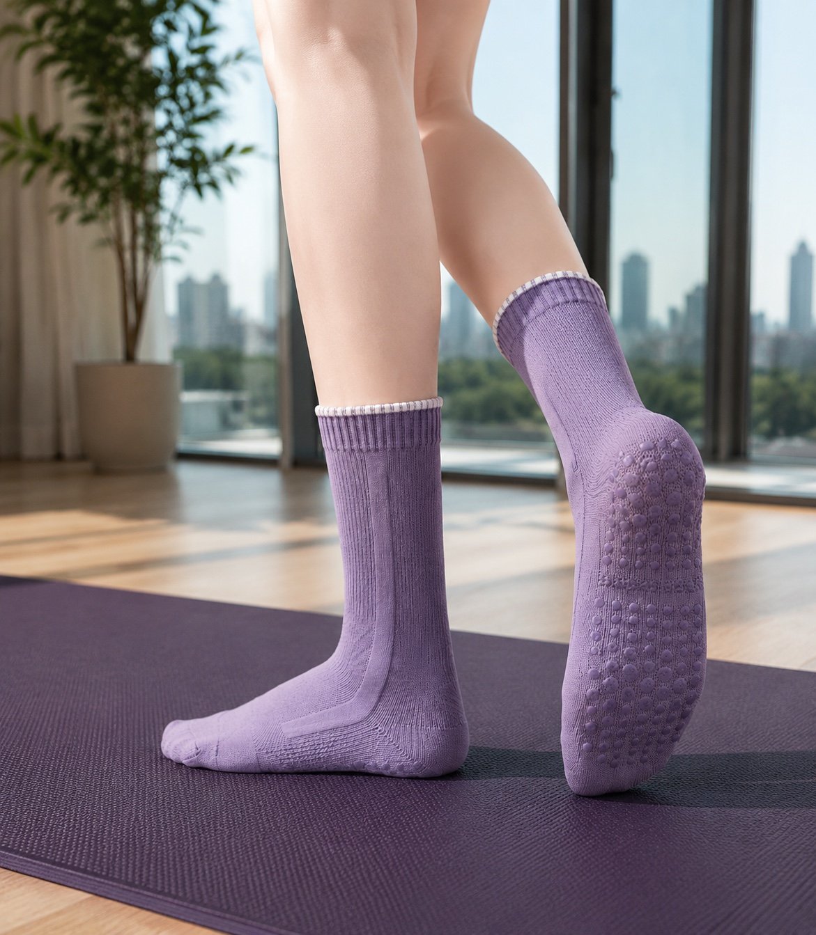 Purple Grip Socks development sample on a purple exercise mat